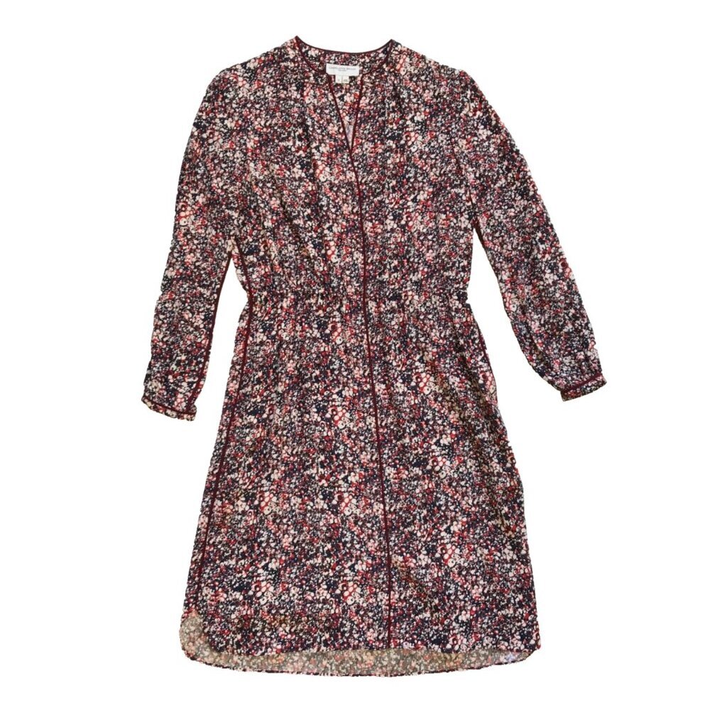 Charlotte Brody Printed Midi Dress Womens Small Red Navy Blue Long Sleeve Silk
